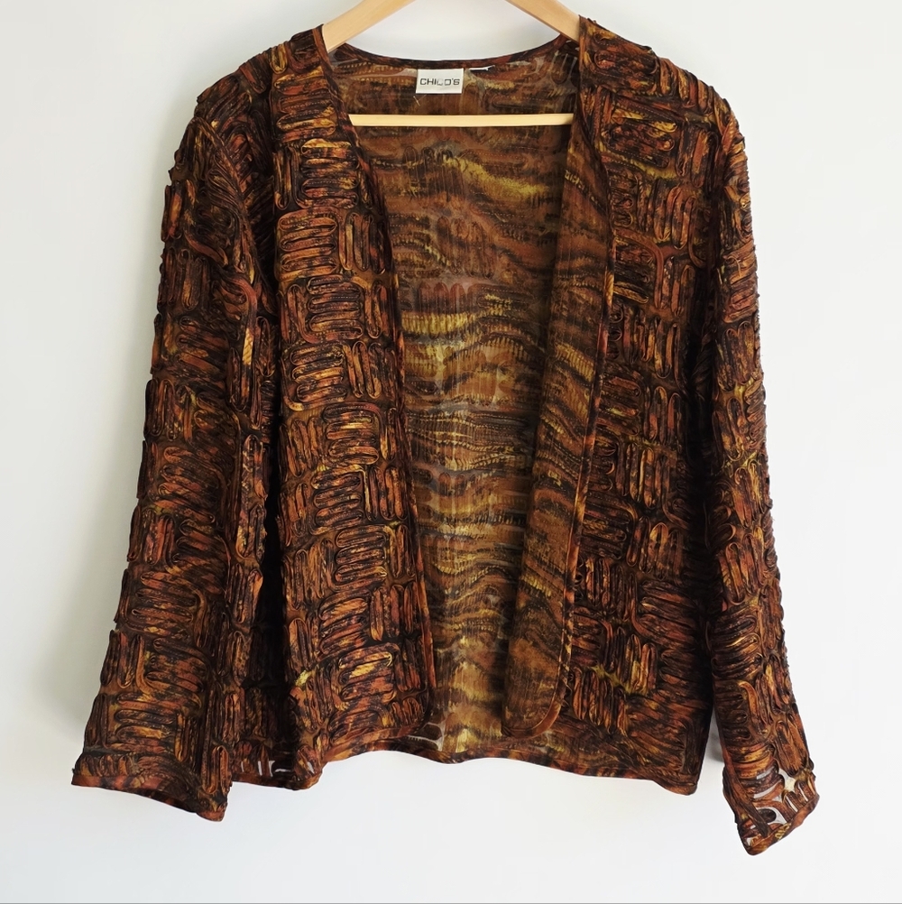 Chico's 100% Silk Brown/Black Textured Open Front Lightweight Jacket Size L
